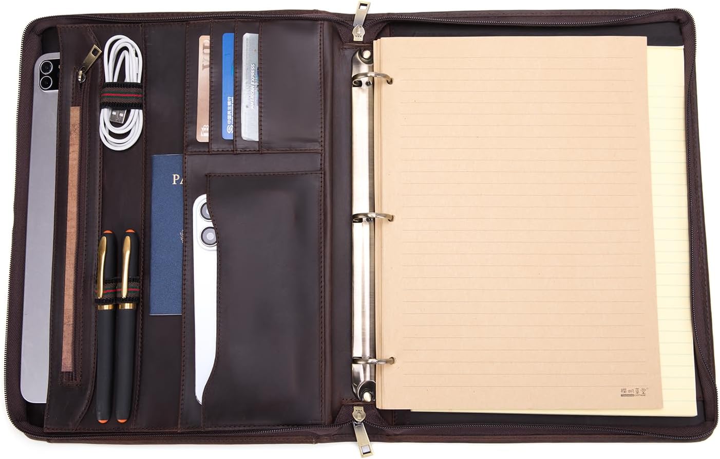 3 Ring Binder Genuine Leather Portfolio, Front Pocket, 8.5 x 11 Legal Pad Padfolio for Men and Women, Zip Notepad Laptop Organizer, Professional Business Executive Work Folio, Dark Brown