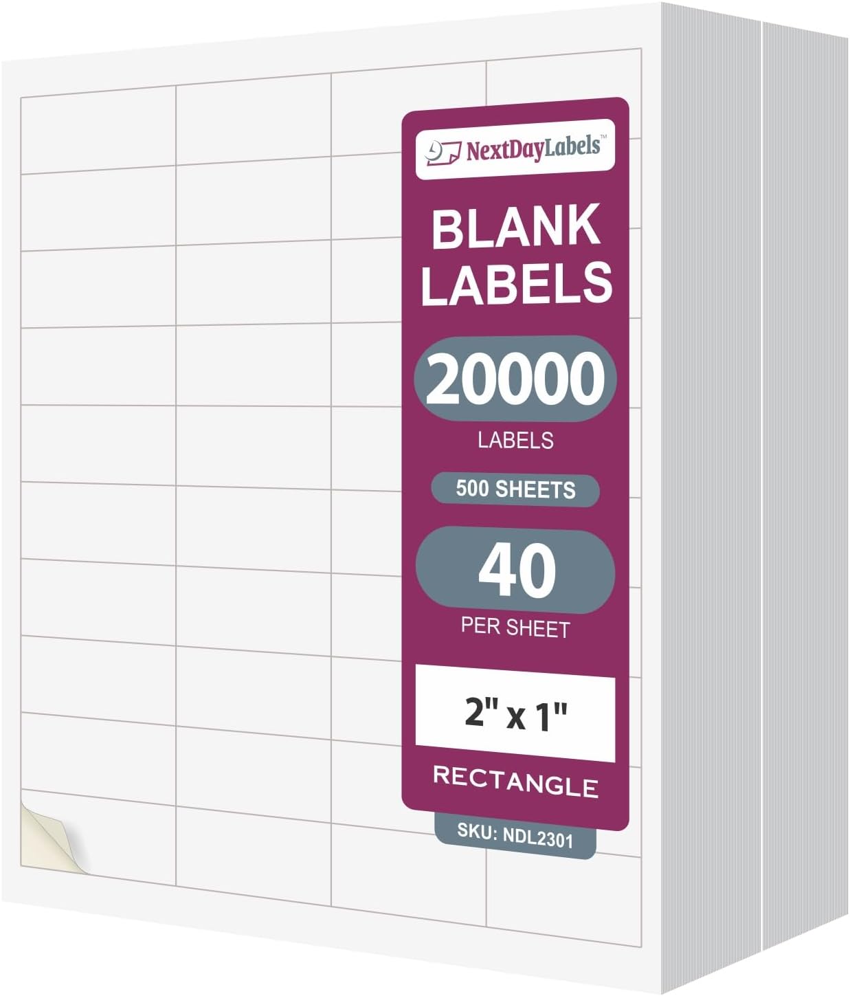 NextDayLabels – 2" x 1" Rectangular Sticker Labels for Printer - White Laser/Inkjet Printer Labels Return Address Labels Shipping Label Stickers (500 Sheets, 40 Per Sheet, 20000 Labels)