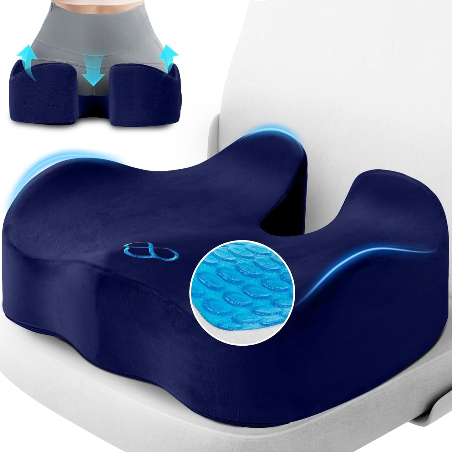 Seat Cushion, Gel Chair Cushions, Office Chair Cushions, Anti-Slip Bottom & Removable Cover Tailbone Pain Relief Cushion, Memory Foam Seat Cushion, 5.28 in Thick (Blue)