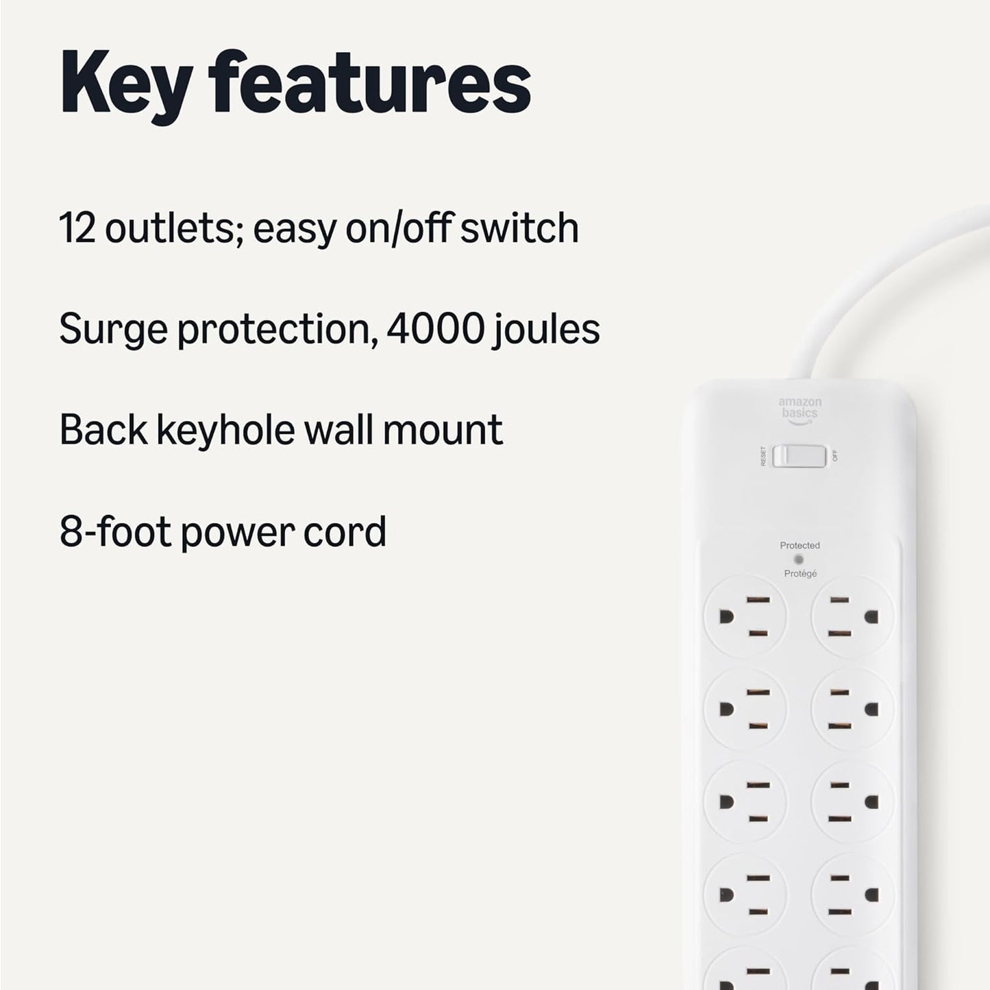 Amazon Basics Surge Protector Power Strip, 12-Outlet, 4000 Joules, 8ft Extension Cord, Rectangle, for Home, Office, Gaming Room, White