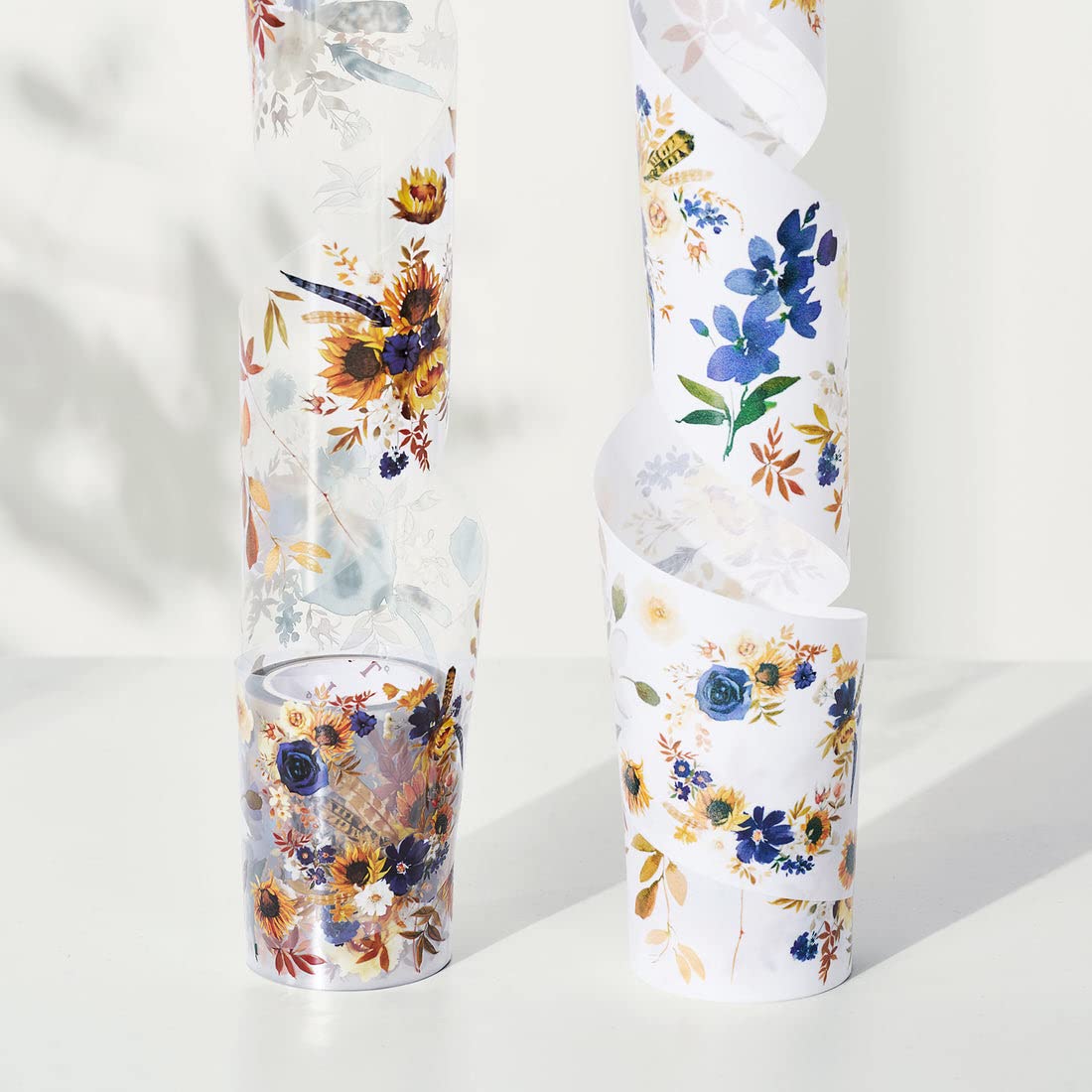 WT PET Tape, Floral Sunflower & Navy Design, Wide Decorative Craft Tape, Single Roll, Clear Transparent Tape for Bujo Planner & DIY Scrapbooking Supplies