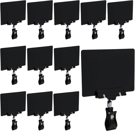 Biaungdo 12 Pcs Plastic Chalkboard Sign with Rotating Clip, Erasable Blackboard Price Tags Double Sided Waterproof Blackboard Clips Display Clip Holder for Shelves,Store,Business, Supermarket(Black)
