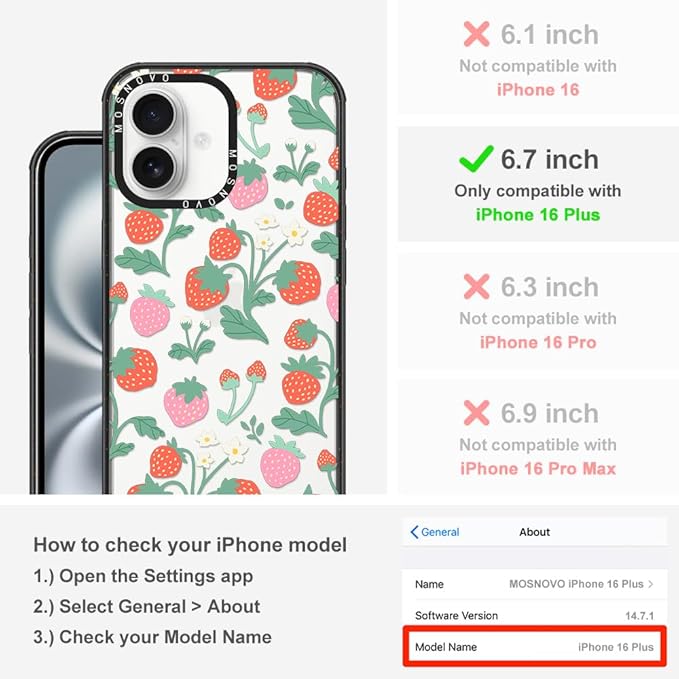 MOSNOVO Case for iPhone 16 Plus, [10ft 4X Military-Grade Drop Protection] Durable & Shockproof Phone Case Cover Design for iPhone 16 Plus - Strawberry Garden - Clear Black