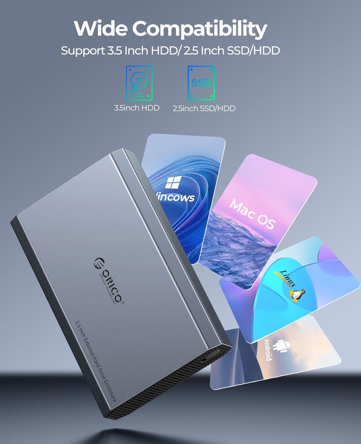 ORICO Aluminum 3.5 Hard Drive Enclosure with USB 3.2 Gen 2 6Gbps Transfer Speed, Fit for 3.5/2.5 Inch SATA HDD SSD Up to 20TB, USB C to USB C/A 2 in 1 Cable Compatible with MacBook Windows(DD35-C3)