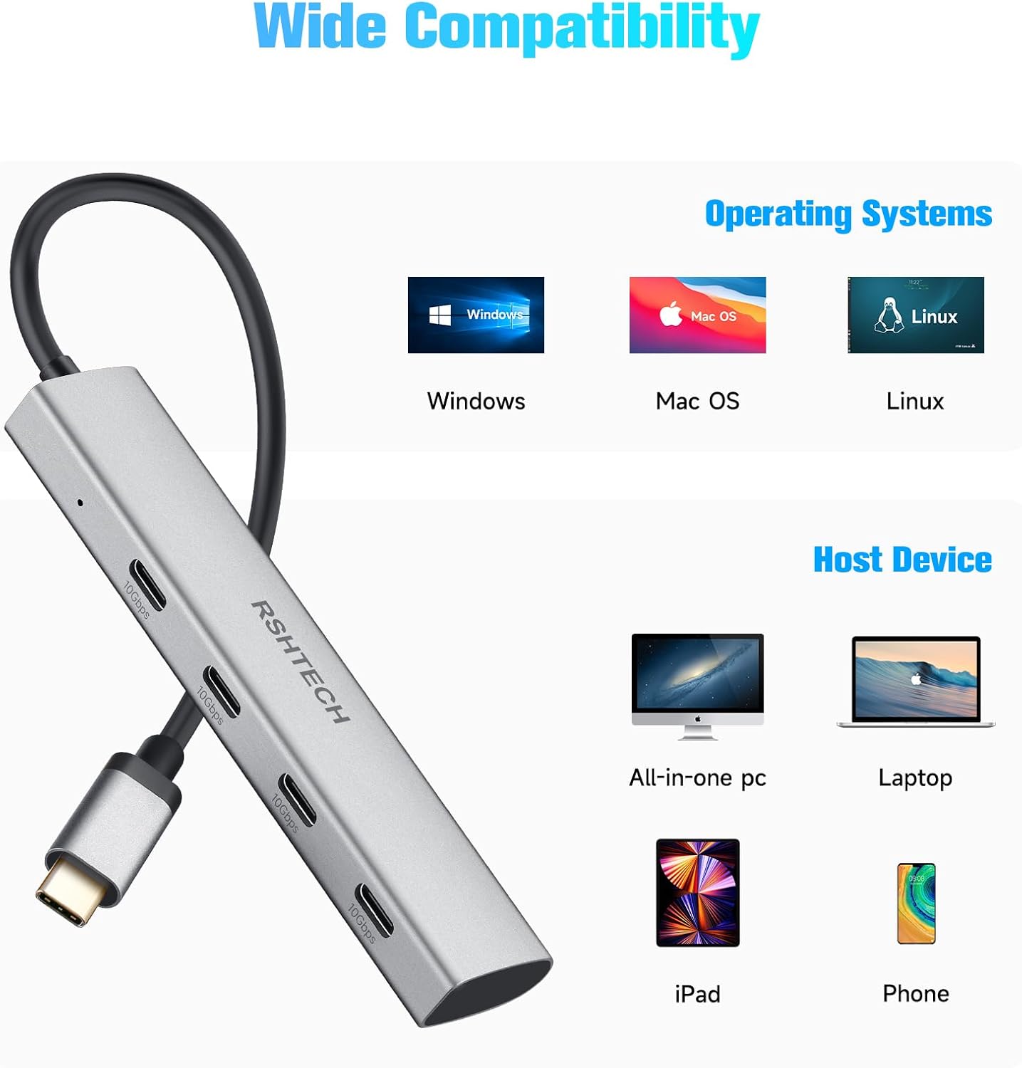 USB C Hub 10Gbps RSHTECH 4-Port USB C to USB-C 3.2 Gen 2 Dongle, Portable USB C Multiport Adapter for Thunderbolt/Type C Laptop and More, Gray (RX04)