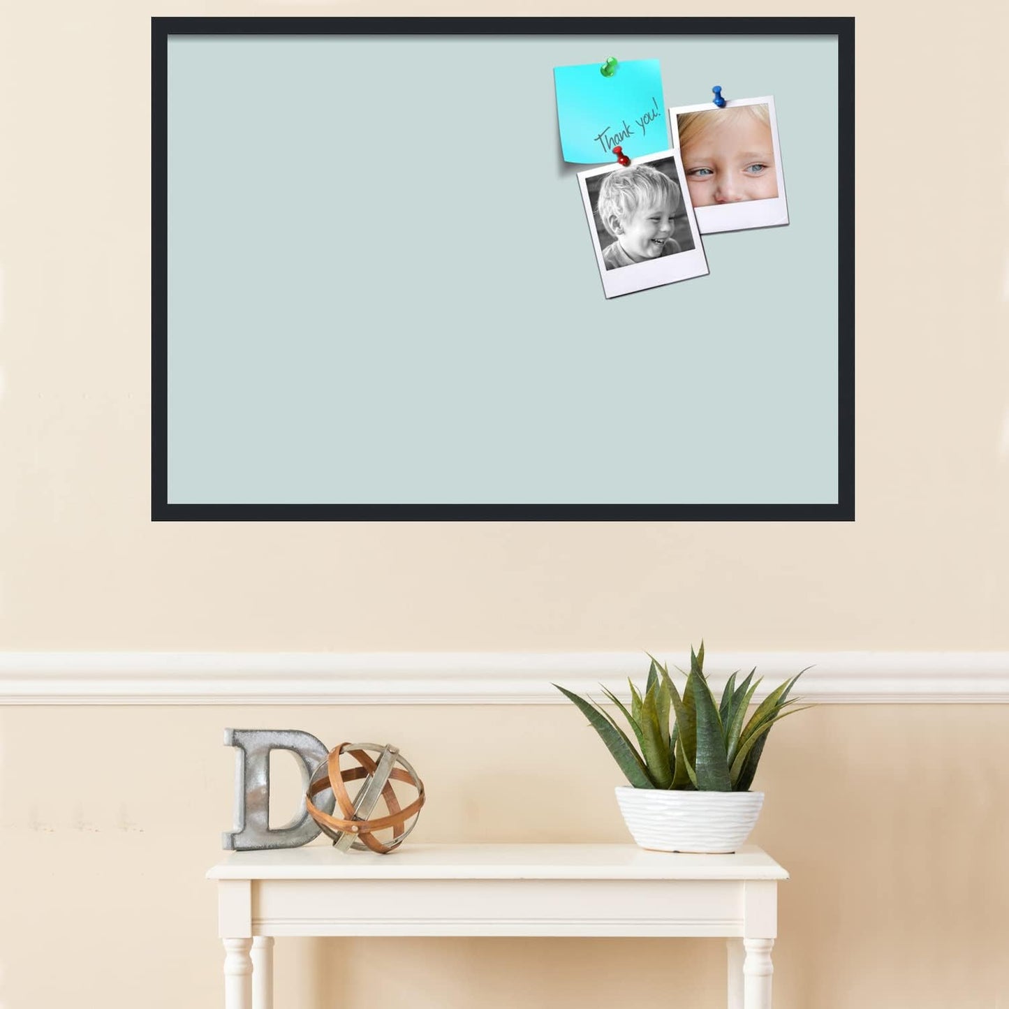PinPix 40x28 Inch Cork Bulletin Board. This Decorative Framed Pin Board Comes with Soft Blue Design and a Satin Black Frame. Ideal for Home Office Decor or Message Board (PinPix-1814)