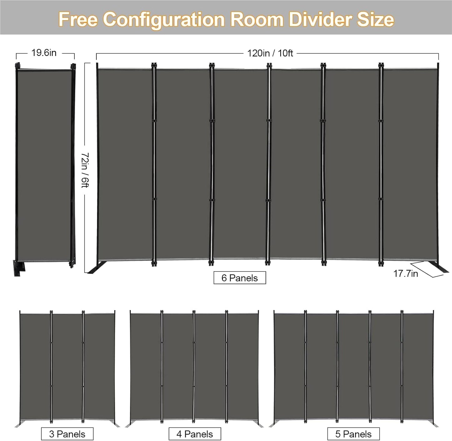 MAYOLIAH 6 Panel Folding Privacy Screen 9ft Wide, 6ft Tall Partition Room Divider Portable Office Walls Dividers Room Separator, Grey