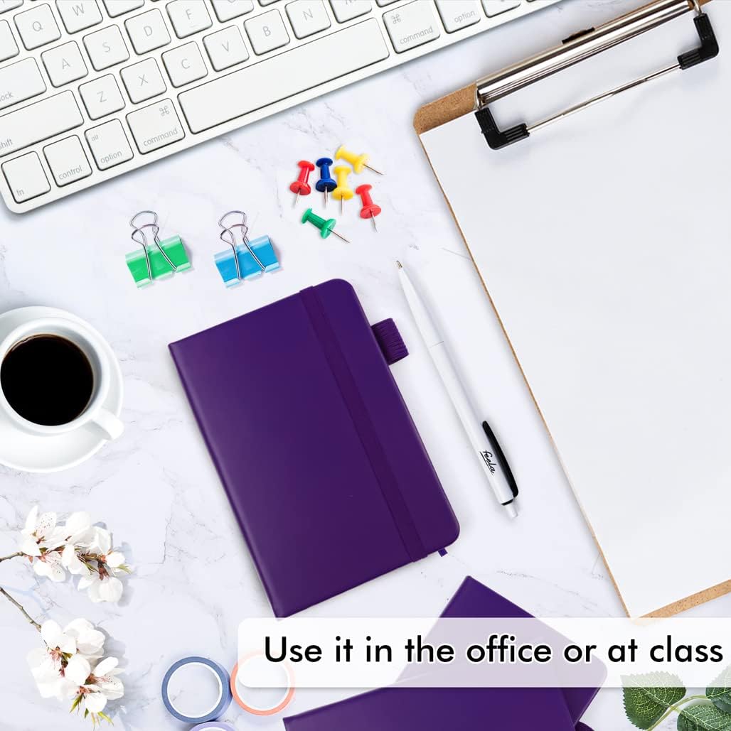 feela 15 Pack Pocket Small Notebooks Bulk, Mini Cute Notepads Hardcover College Ruled Lined Journals with Pen Holder for School Business Memos, with 15 Black Pens, 3.5”x 5.5”, A6, Purple