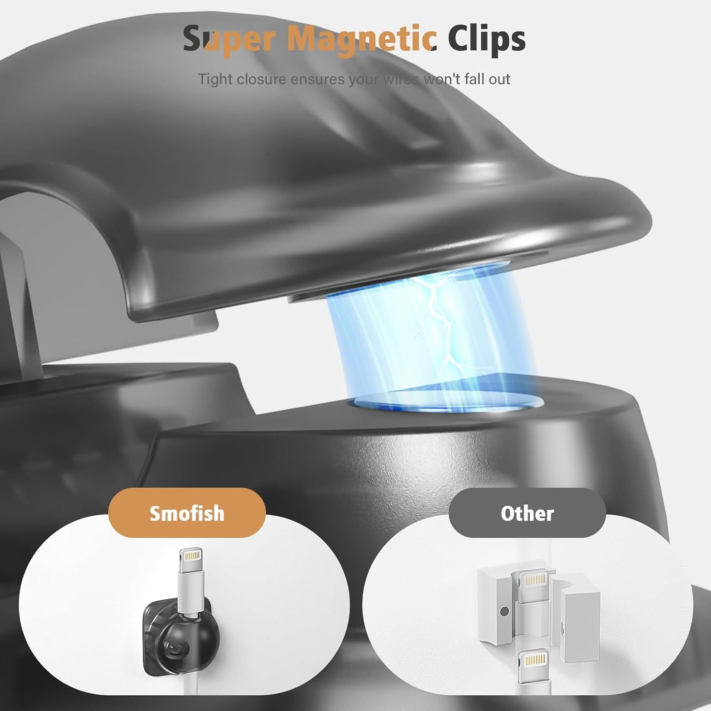 Cord Holder Organizer 6 Pack, [1-Handed-Operation] Magnetic Cable Clips, Phone Cord Clips Holder with 2 Extra Reusable Strong Adhesive for Nightstand Desk Car Workspace Office Accessories, Clear Black