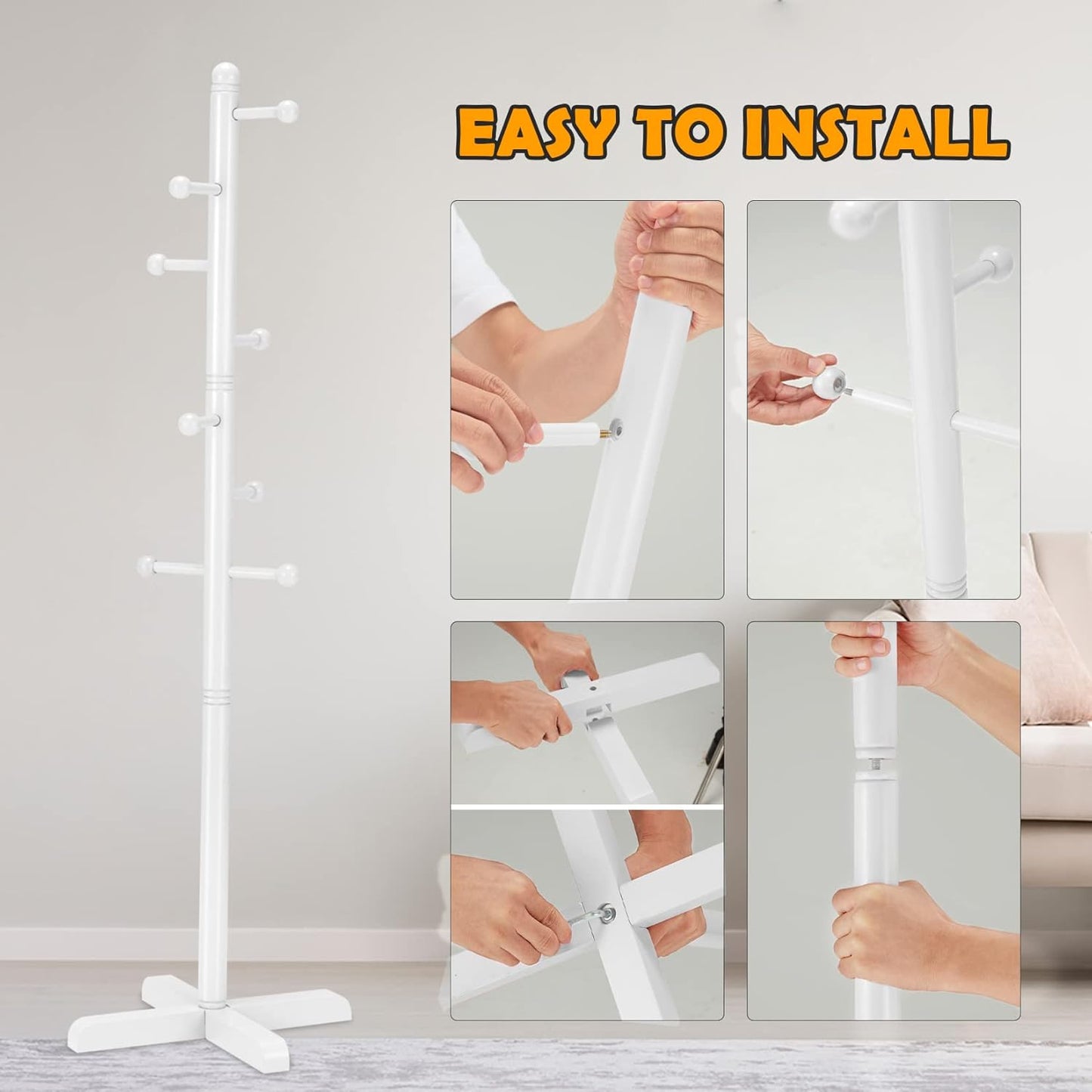 Kids Coat Rack, Freestanding Coat Racks with 8 Hooks 2 Adjustable Height, Tree Coat Rack for Bedroom, Hallway, Entrance, Office, Hats, Handbags,Purse (White)