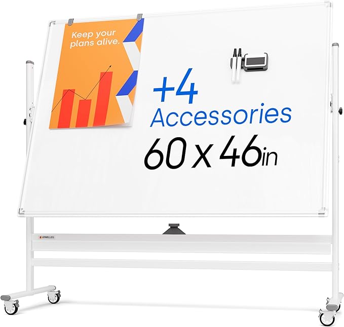 Rolling Dry Erase Board 60 x 46 - Large Portable Magnetic Whiteboard with Stand - Double Sided Easel Style Whiteboard with Wheels - Mobile Standing White Board for Office, Classroom & Home