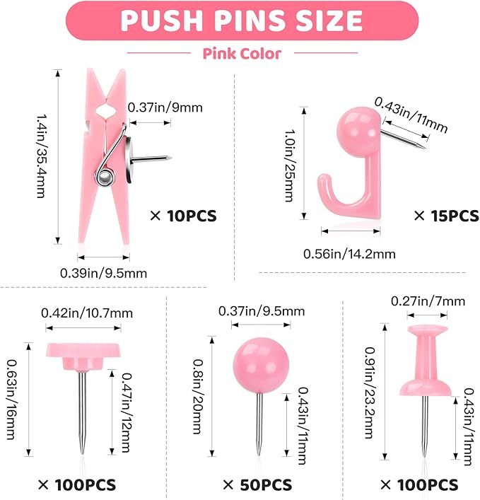 275pcs Pink Push Pins,5 Style Thumb Tacks, Decorative Push Pins, Cute Thumb Tacks for Bulletin Boards, Wall, Maps, Cork Board, Pink Office Supplies, Office Decor