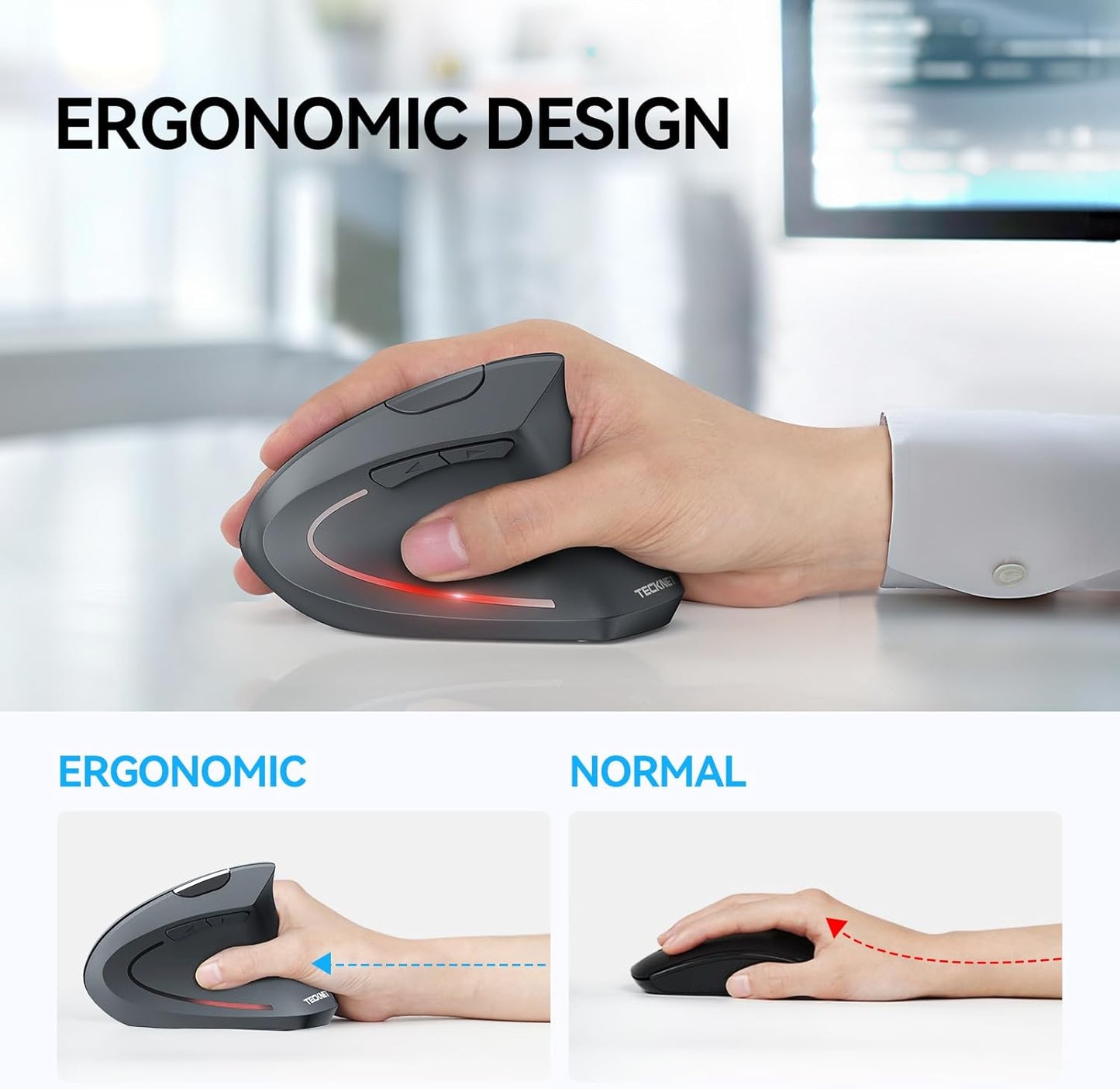 TECKNET Ergonomic Mouse, Wireless Bluetooth Vertical Mouse, 4800 DPI Optical Tracking, 6 Adjustable DPI, Quiet Clicks, 2.4GHz with USB A Receiver, 12 Months Battery, 6 Buttons, Wide Compatibility