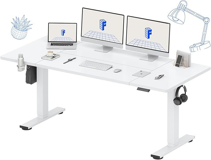 FLEXISPOT 71 x 32 Inch Large Standing Desk, Stand Up Desk with Splice Board, Rising Desks for Home Office, Office Desk with Cup Holder and Headphone Hook (White Frame + White Top, 2 Packages)