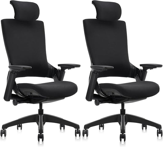 CLATINA Ergonomic High Swivel Executive Chair with Adjustable Height Head 3D Arm Rest Lumbar Support and Upholstered Back for Home Office Studio, Black Fabric, 2 Pack