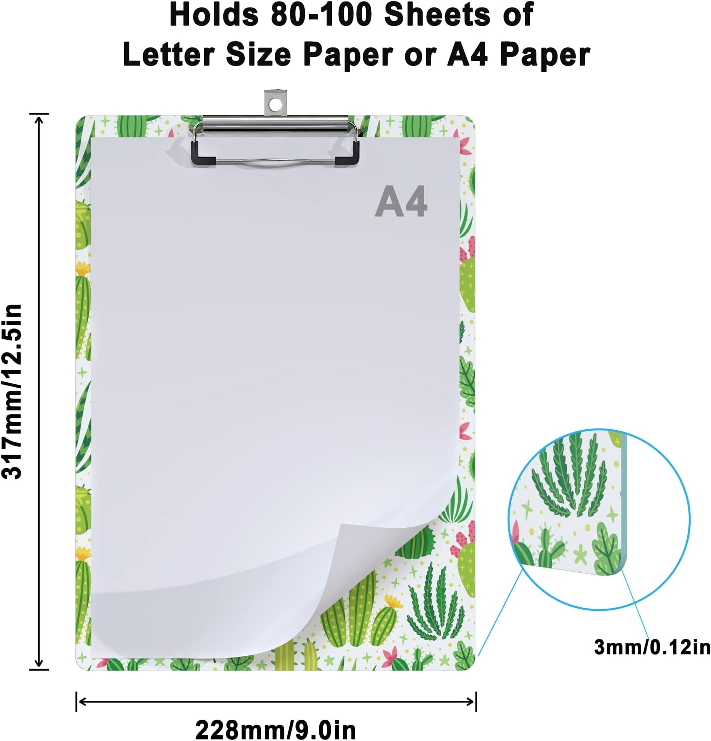 Clipboard Design Decorative Wood A4 Letter Size Clip Boards for Classroom Office, Standard Size 9" x 12.5" with Low Profile Metal Clip - Cactus