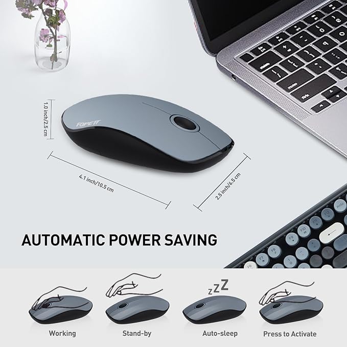 FOPETT Wireless Keyboard and Mouse Combo, 105 Keys Full-Sized 2.4 GHz Round Keycap Colorful Keyboards, USB Receiver Plug and Play, for Windows, Mac, PC, Laptop, Desktop (Grey Colorful)