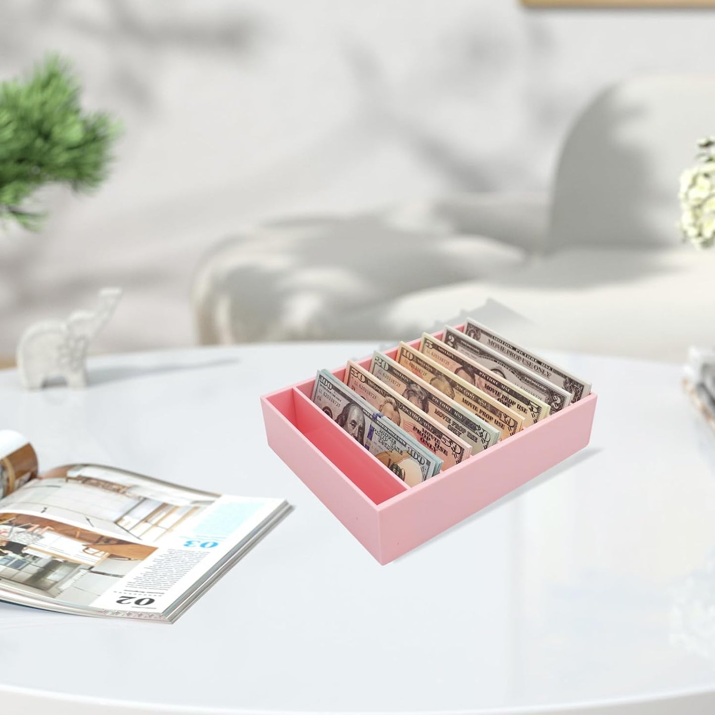 Money Organizer for Cash, 8 Compartment Pink Acrylic Money Holder, Cash Tray, Cash Box, Cash Organizer for Bills