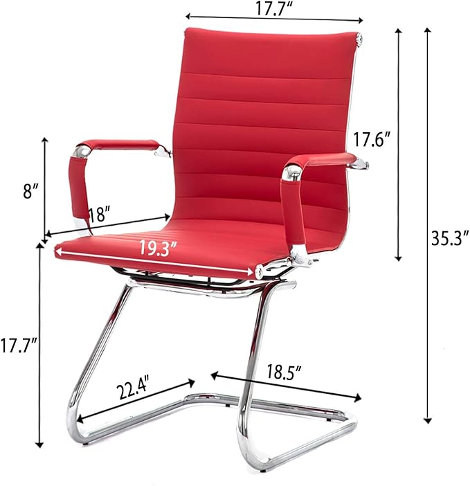 Office Desk Chair Set of 4,No Wheels PU Leather Computer Chairs Mid Back Guest Chairs with Seld Base for School/Reception/Conference/Waiting Room, Burgundy Red