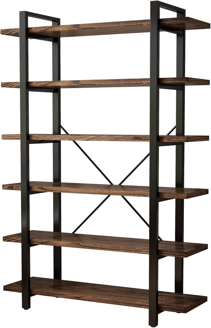 Solid Wood Bookcase and Book Shelves Wood and Metal Shelving Unit 6 Tier Bookshelf Modern Rustic Open Bookshelf Office,Distressed Brown (AY-02-6Tier)