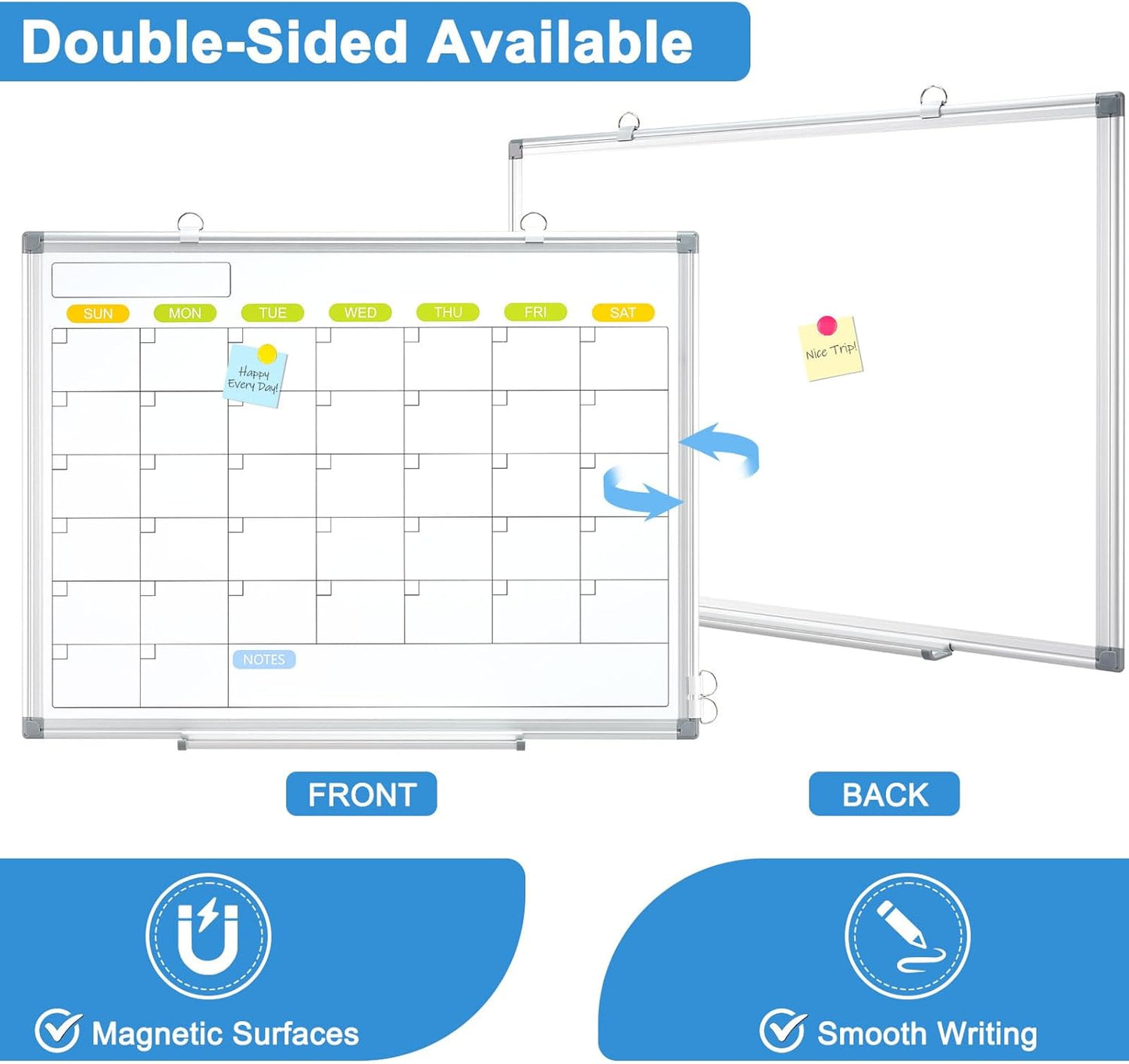 Dry Erase Calendar Whiteboard for Wall, WALGLASS 24" x 18" Magnetic White Board, Monthly Dry Erase Calendar with Silver Aluminum Frame, Double-Sided Hanging Portable Board for Office, Home, School