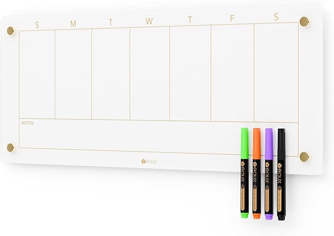Glass Golden Weekly Dry Erase Calendar White Board for Wall, to Do List & 7 Days Planner Whiteboard for Home Office, 23x9.5, 4 Wet Erase Markers Included, Yeoux