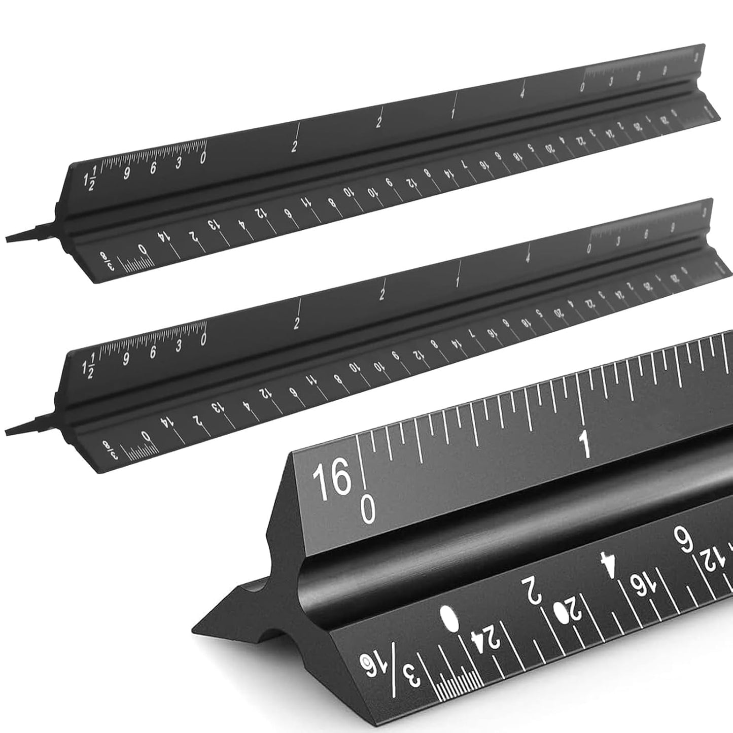 KEILEOHO 3 Pack Architectural Scale Ruler, 12 Inches Imperial Aluminum Architect Scale, Laser-Etched Triangular Drafting Ruler Drawing Ruler Tools for Architects, Engineers, Contractors, Black