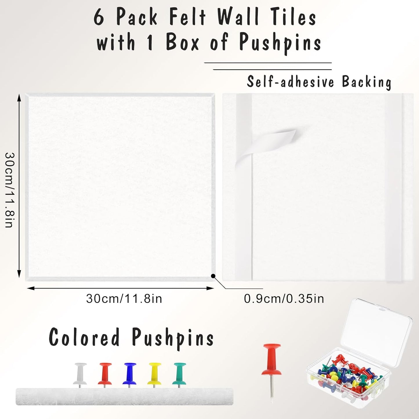 Large Cork Board 36" x 24", 6 Pack Felt Wall Tiles with Colored Pushpins, Bulletin Board with Removable Self-Adhesive Strips, Pin Boards Cork Boards for Walls Office Home School-White