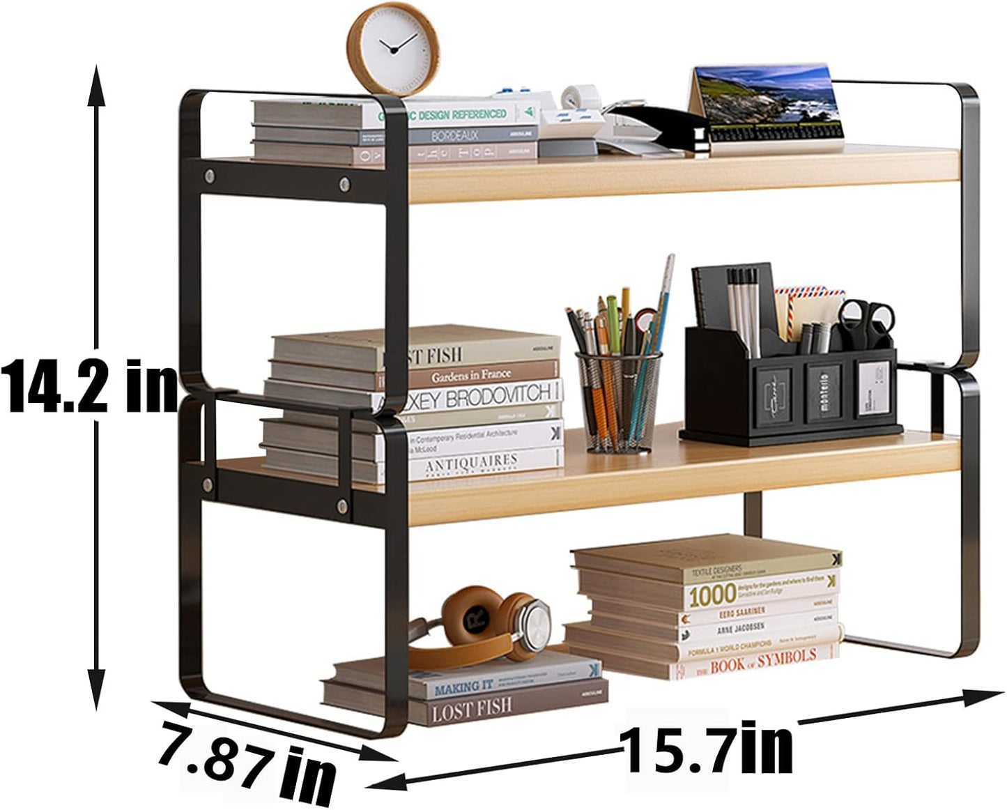YGYQZ Wood Office Desk Shelf Organizer - Desktop Supplies Cute Dresser Top Organization Storage Rack and Cubicle Decor Aesthetic Bookshelf for Women Man and Kids (Black-Two Tier)