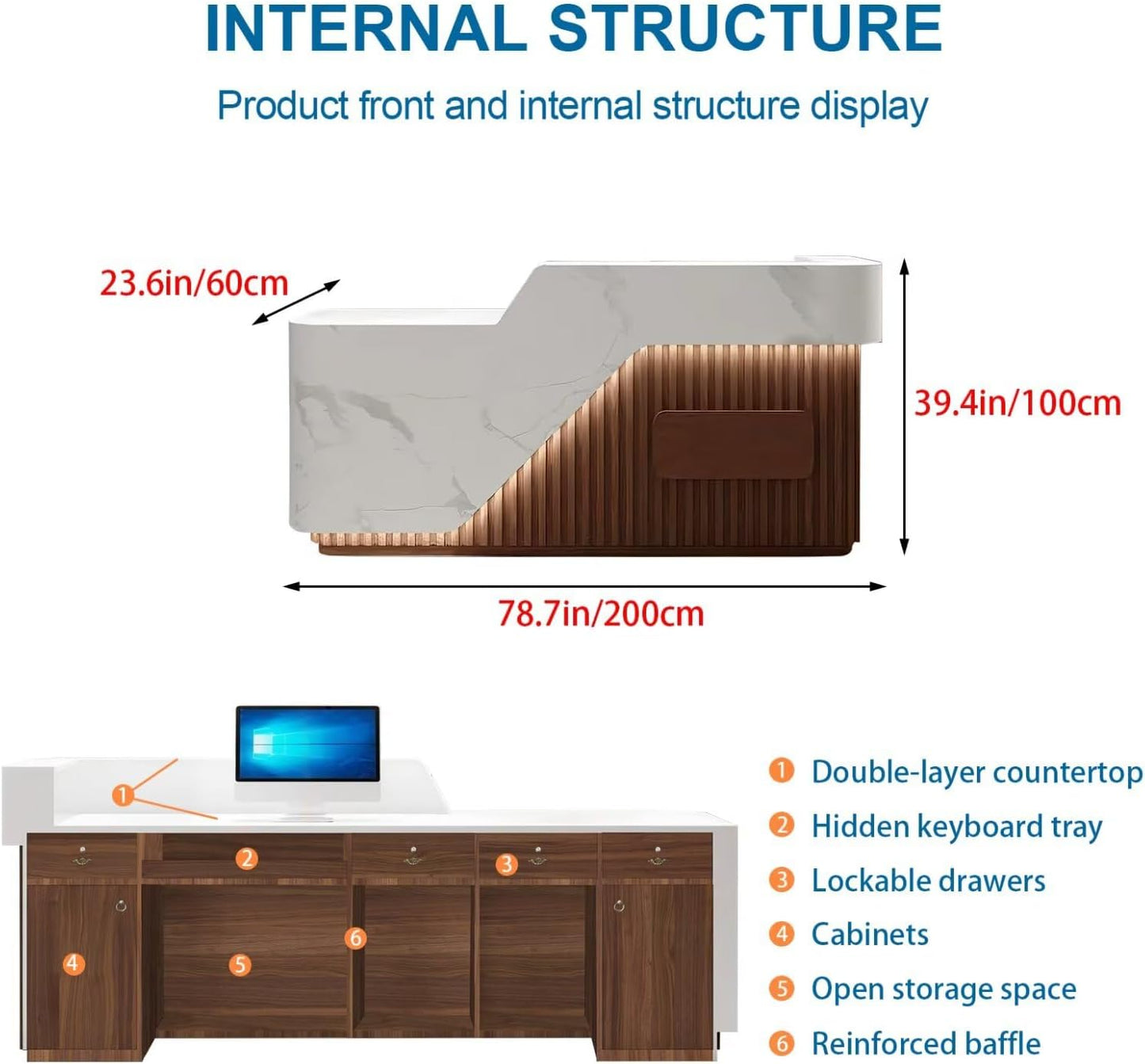 Reception Desk with Counter Modern Front Office Desk Large Reception Room Tables Checkout Counter Reception Table for Retail Lobby Beauty Salons D 79inch/200cm