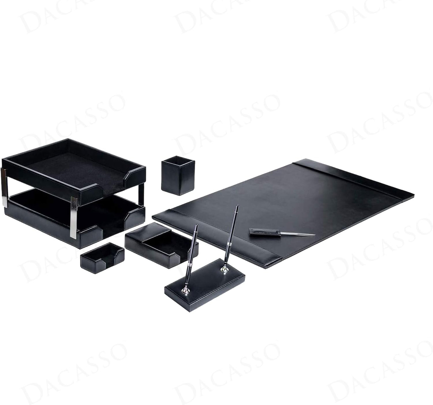 Dacasso Black Bonded Leather Luxury 9 Piece Desk Set - Blotter Pad & Desk Mat Organization Essentials - Executive Decor and Surface Protector