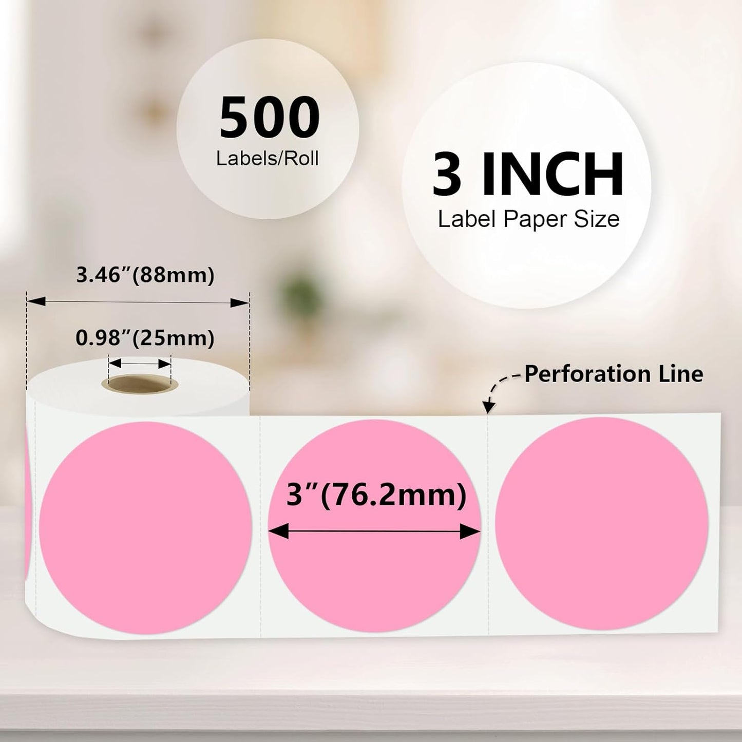 3 X 3 Inch Color Coding Dot Labels Circle Thermal Printable Waterproof 500 Pcs Round Stickers Adhesive Writable for Office, Home, Garage, DIY Sticker, Barcodes, Name Tag, Pink