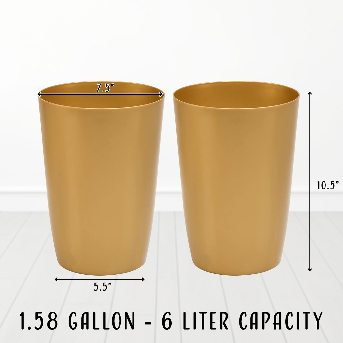 HOLDN’ STORAGE Small Trash Can - Set of 2 Open Top Waste Bin of 1.58 Gallon, Compact Waste Can Perfect for Bathroom, Kitchen, Office, Dorm - Durable Garbage Can - Soft Brass