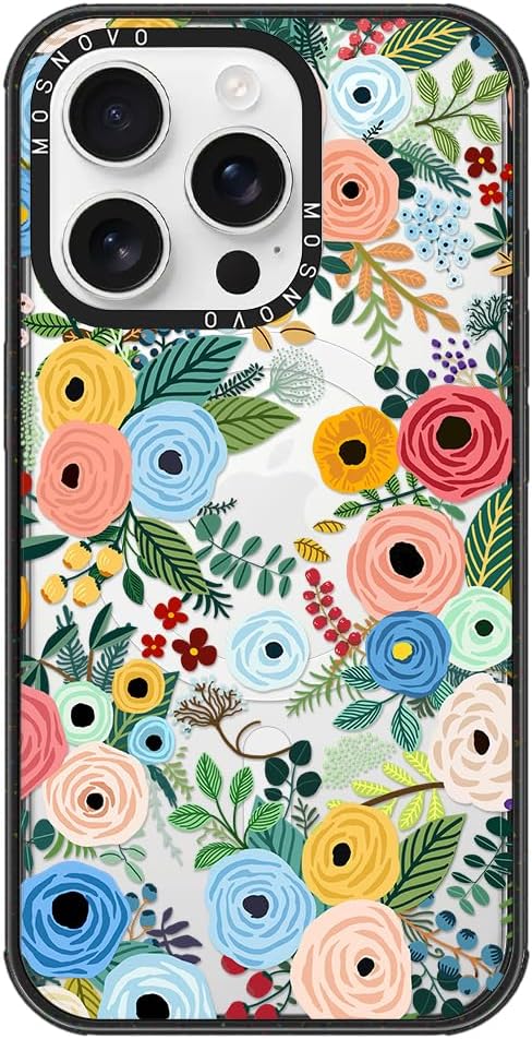 MOSNOVO Magnetic Case for iPhone 16 Pro, 10ft Military-Grade Protection, Compatible with Magsafe, Shockproof Phone Case for iPhone 16 Pro - Pastel Floral Garden - Clear Black