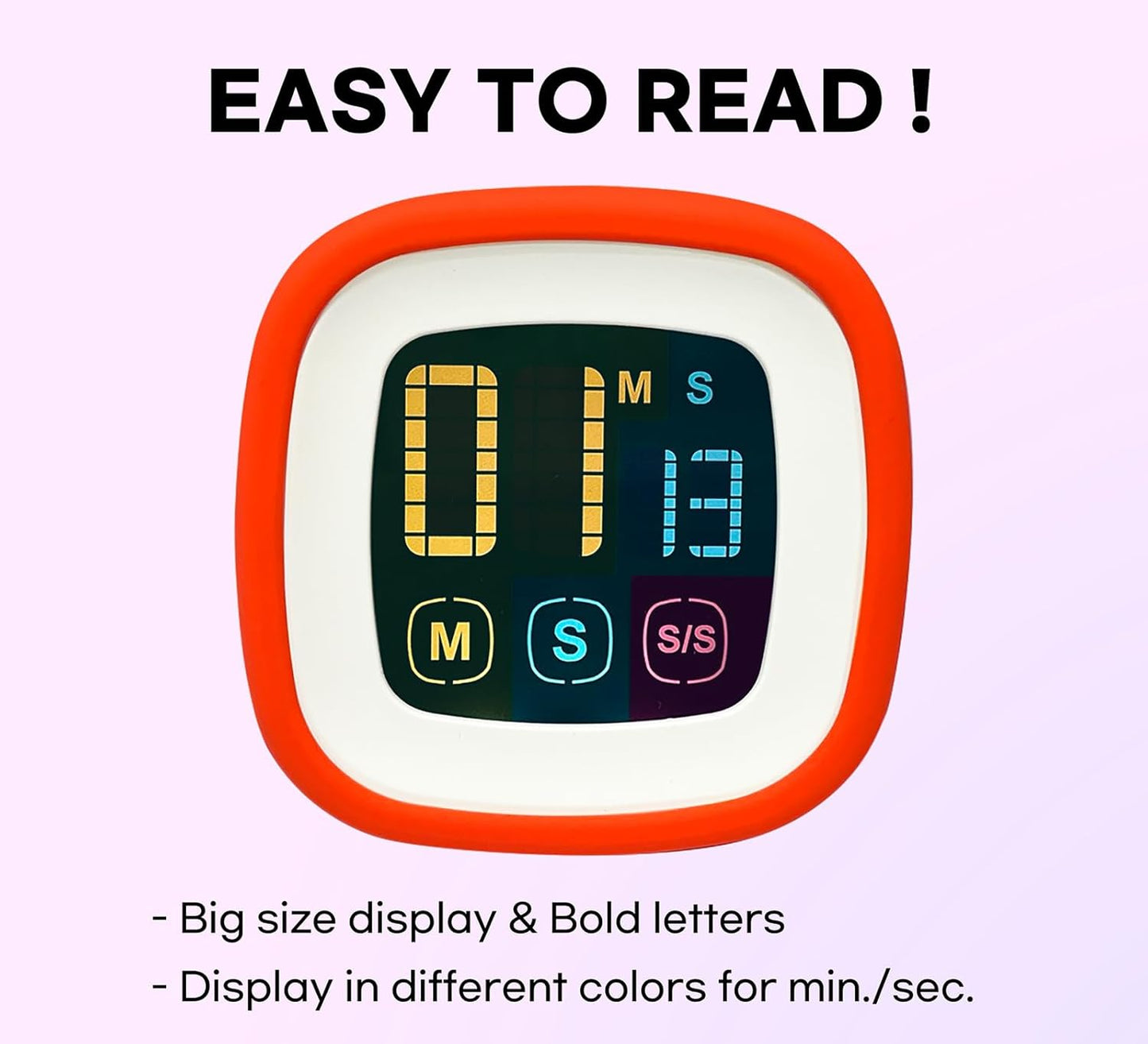 Digital Kitchen Timer, Countdown, Countup, Protective Rubber case, Large Display with Color Bold Digits, Touch Control, Backlit, Magnetic Kickstand, Loud Alarm, Auto Memory (Hot Rose)