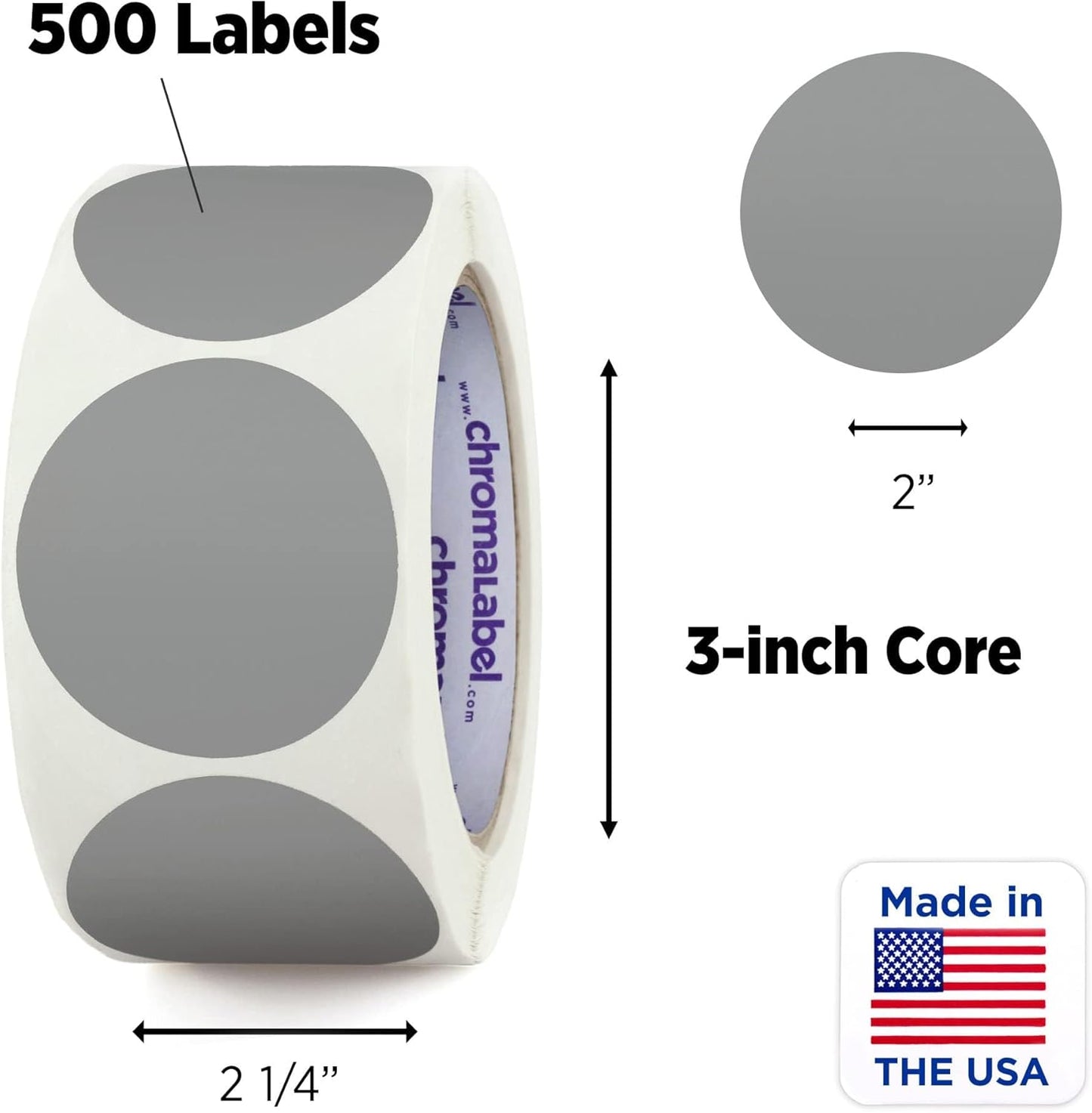 ChromaLabel 2 Inch Round Label Permanent Color Code Dot Stickers, 500 Labels per Roll, Gray