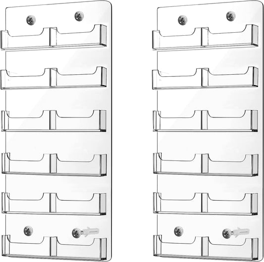 Qunclay 2 Pack 12 Pocket Acrylic Business Card Holder Wall Mount Clear Sticker Display Rack Vertical Multiple Gift Card Rack Display Stand for Home Documents Brochures Hanging Organizing Office Table