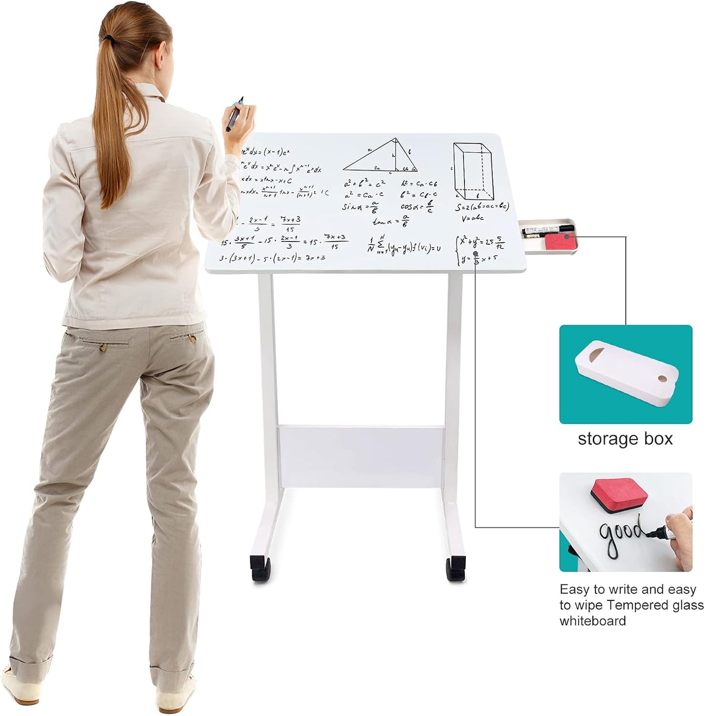 KOUPA Adjustable Height Standing Desk, Writable Tempered Glass Desktop with Eraser, 360° Flip, Wheels – Ideal for Small Spaces and Home Offices, 24 in, White(Adjustable Height: 32-47 in)