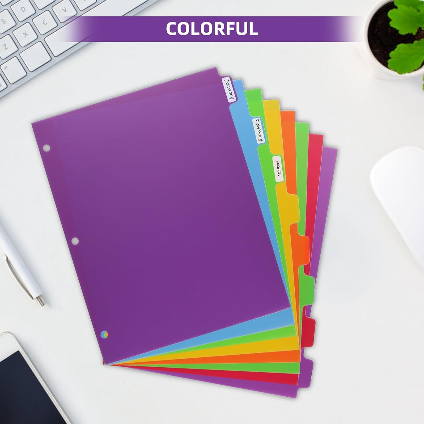 Colorful Binder Dividers with Tabs,Plastic Index with 8-Tabs,for 3 Ring Binder,6 Sets
