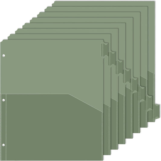 8 tab dividers for 3 Ring Binder with Pockets, Plastic Dividers with Front Pocket, 8-tab Index Dividers with 3 Holes Punched for School & Office Supplies (Green)