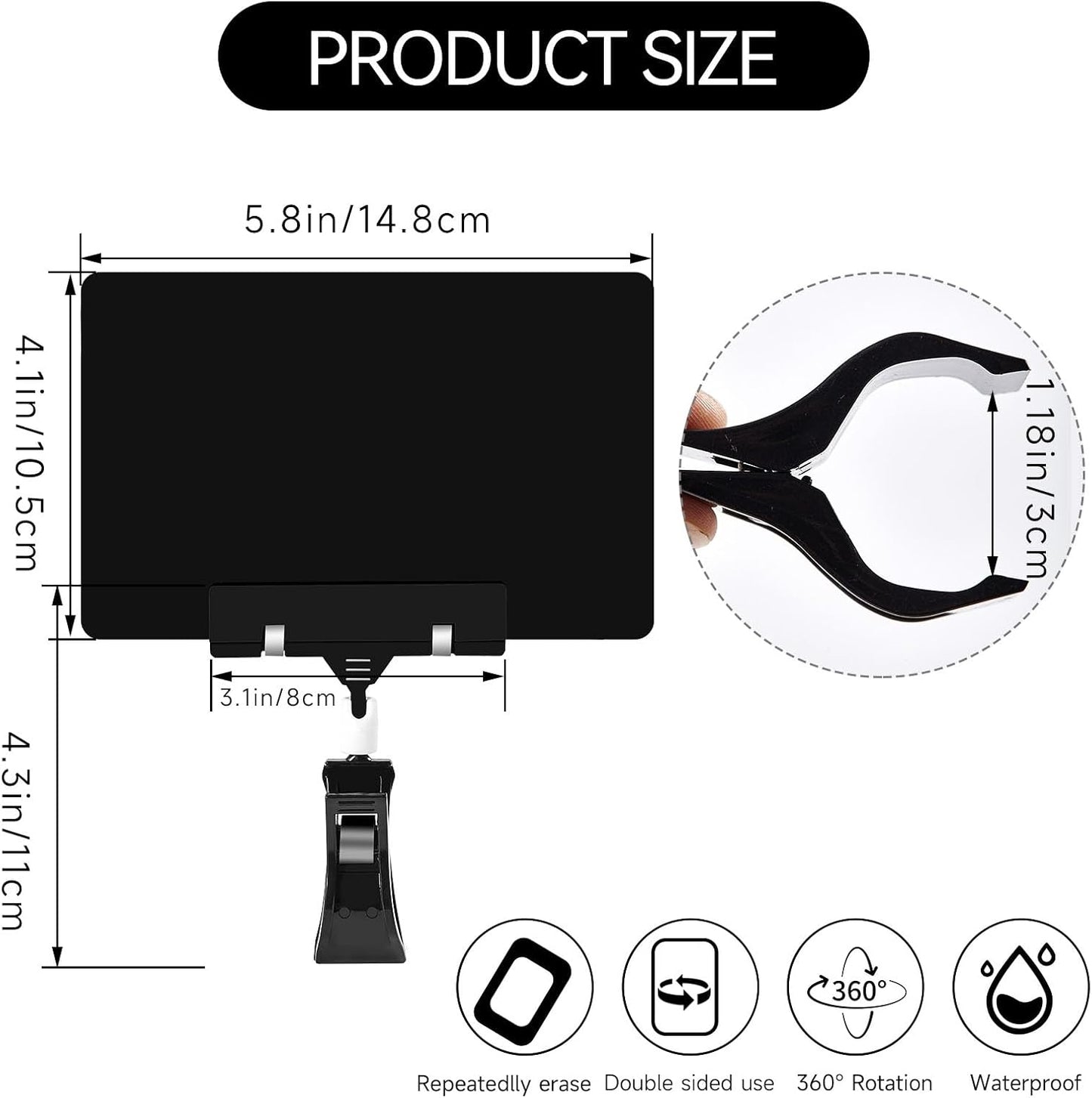 10 Pack Mini Plastic Chalkboard Sign with Clip, Double Sided Rotating Reuse Price Signs for Business Retail Food Clothing Rack Shelf Basket, Clip on Sign Holder (Black)