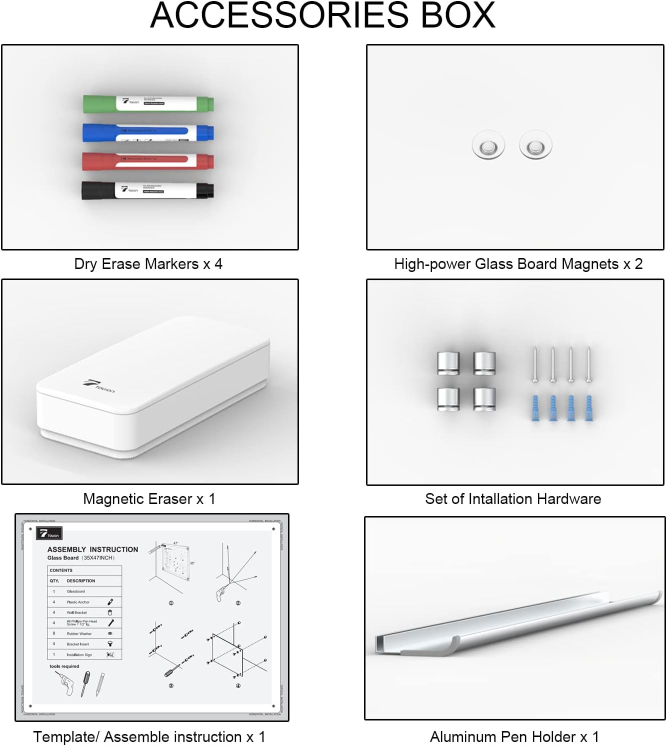 TOWON 47 x 35 Inch Glass Dry Erase Board, Magnetic Whiteboard Calendar, Monthly Planner Set, White