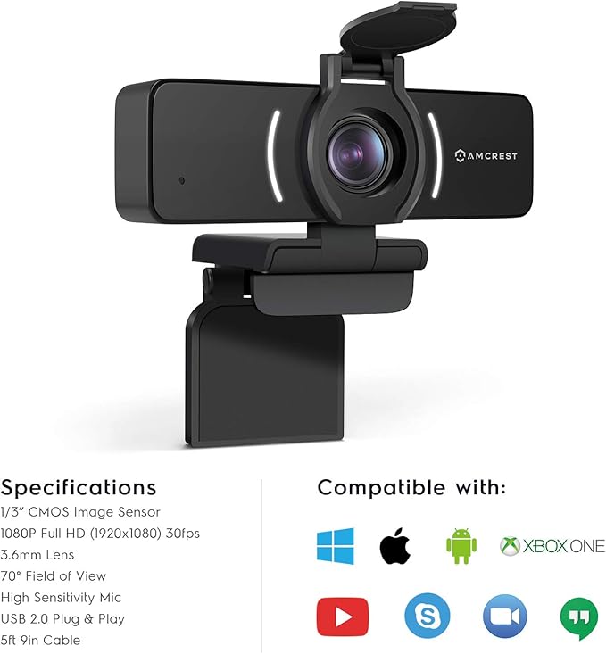 Amcrest 1080P Webcam with Microphone & Privacy Cover, Web Cam USB Camera, Computer HD Streaming Webcam for PC Desktop & Laptop w/Mic, Wide Angle Lens & Large Sensor for Superior Low Light (AWC205)