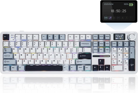 EPOMAKER X Aula F108 PRO Wireless Gaming Keyboard with Screen, 8000mAh Battery, 104 Hot-Swappable and Programmable Keys and Knob, RGB Backlight, for Mac/PC/Android (Blue&White)