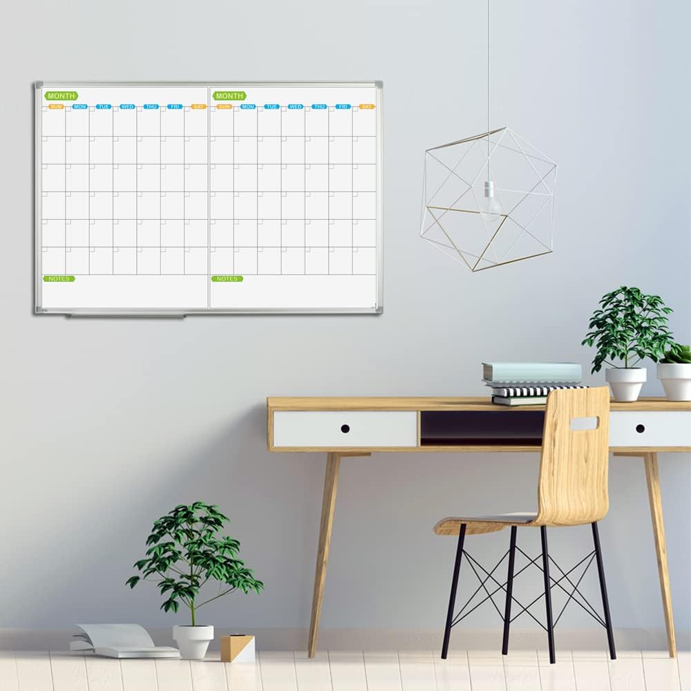 JILoffice Magnetic Dry Erase Calendar Whiteboard, 2 Month White Board Planner 36 X 24 Inch, Silver Aluminum Frame Wall Mounted Board for Office Home and School