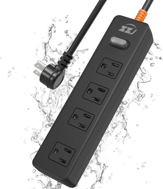 Power Strip Weatherproof, Surge Protector with 4 Wide Outlets, 1875W/15A Overload Protection Switch, 6FT Flat Plug Multi-Plug Outdoor Extension Cord for Indoor Outdoor, UL FCC Listed