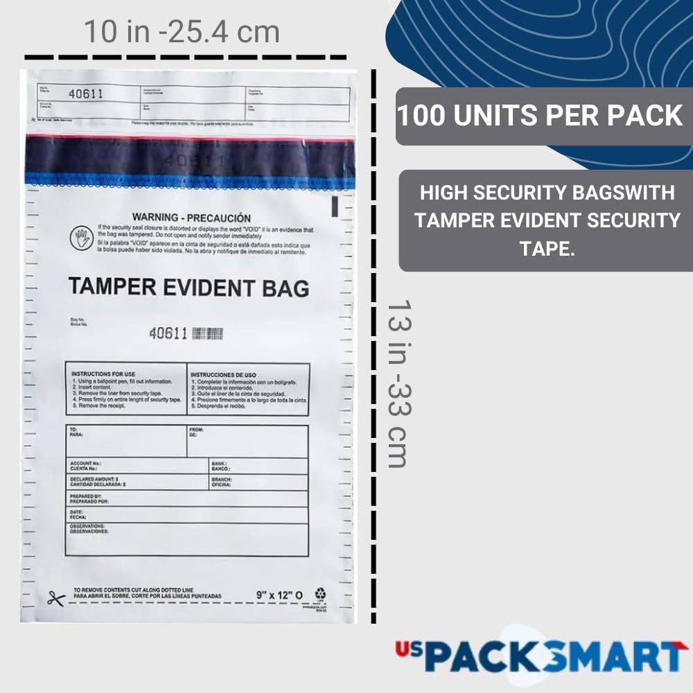 10"x13" Opaque Plastic Deposit Bags with Security Tape Tamper Evident - Secure Bank Deposits, Cash Handling, & Currency Transport | Self-Sealing Tape with Hidden Graphics | 100-Pack