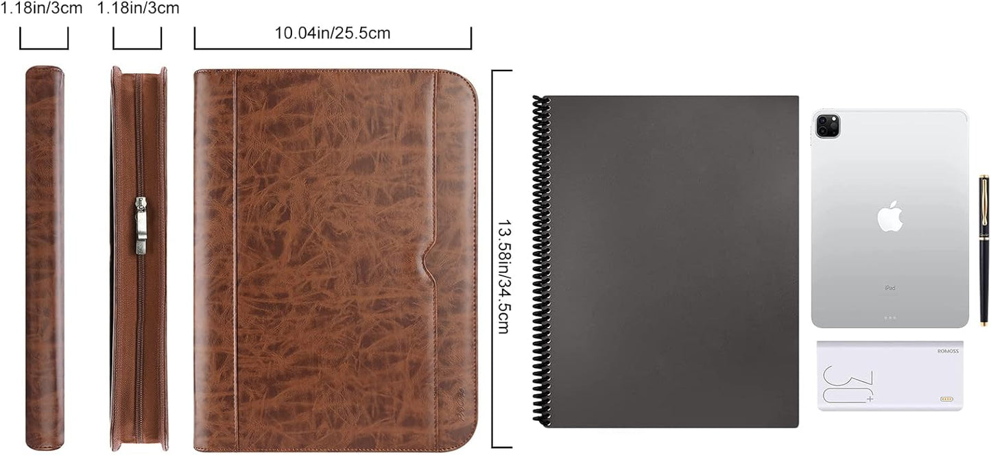ProCase Portfolio Business Padfolio Folder with Zipper, Conference Meeting Executive File Legal Document Organizer with Pockets Letter Size A4 Writing Pad Notepad Padfolio -Brown