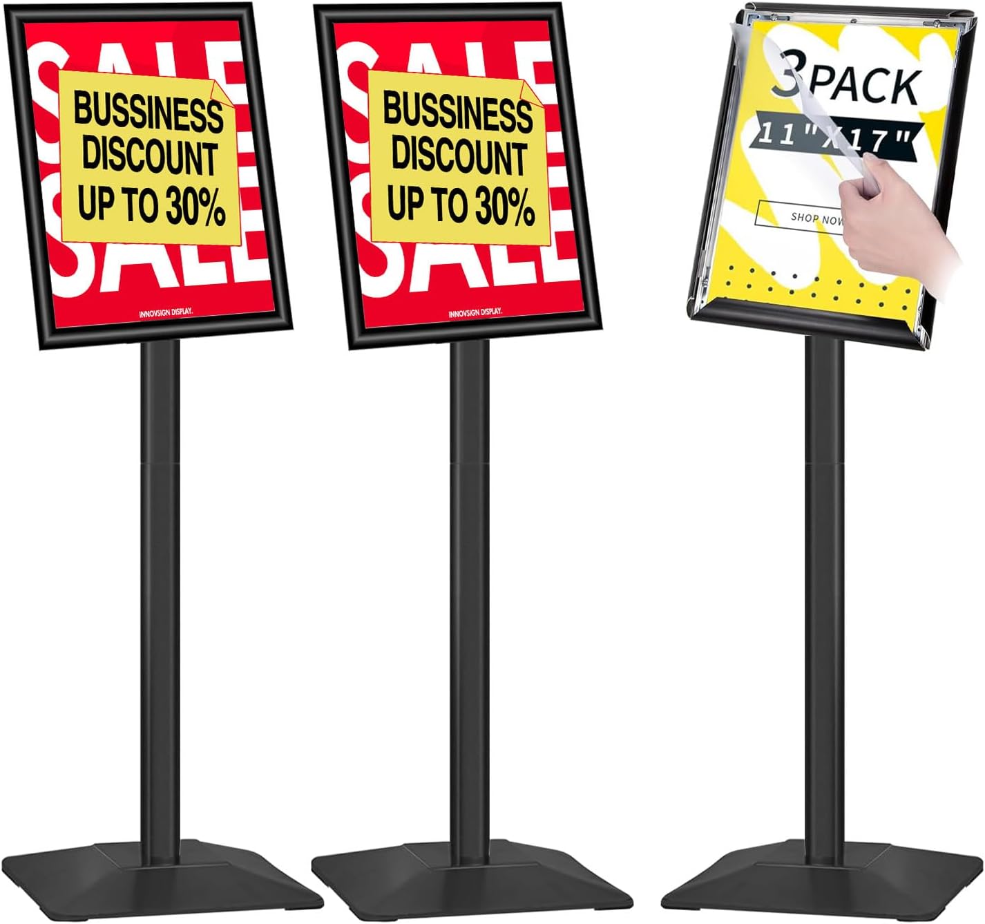 3Packs Heavy Duty Adjustable Pedestal Poster Sign Stand, 11x17 Aluminum Open Floor Standing Sign Holder for Vertical and Horizontal View Display, Black