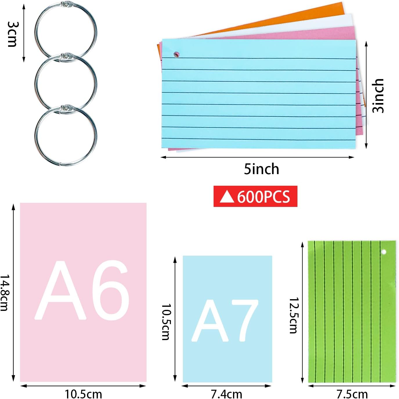 TFLFL Index Cards 3x5 Inch, 600PCS Flash Cards with Rings 8 Colors Ruled Index Cards, Assorted Lined Colored Flashcards, Thin Note Cards Paper, Study Card Memo Scratch Pad for Home Office School